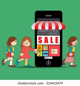 The girls doing on-line shopping , Shopping in on-line store, On-line shopping e-commerce, Vector illustration