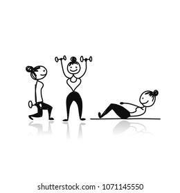 Girls doing sport exercises, sketch for your design