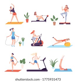 Girls Doing Sports with Sports Equipment in Fitness Club, Gym or Home Set, Active Healthy Lifestyle Flat Style Vector Illustration