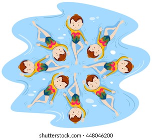 Girls doing synchronised swimming in team illustration