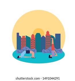 Girls doing yoga design, Positive mind fitness and exercise theme Vector illustration