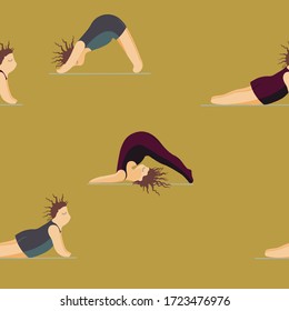 Girls Doing Yoga. Seamless Pattern Woman Pose Practicing Yoga. Happy Body Positive Concept. Love My Body. Asana Spiritual. 