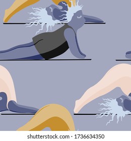 Niñas Haciendo Yoga. Una Mujer De Patrón Sin Maravilla Pone A Practicar Yoga. Feliz Concepto Positivo Del Cuerpo. Amo Mi Cuerpo. Espiritual de Asana. Caricatura, contorno de pincel. Grasa, Sobrepeso, Más Tamaño, Vector Obeso.