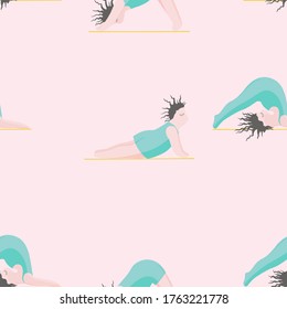 Niñas Haciendo Yoga. Una Mujer De Patrón Sin Maravilla Pone A Practicar Yoga. Feliz Concepto Positivo Del Cuerpo. Amo Mi Cuerpo. Espiritual de Asana. Caricatura, contorno de pincel. Grasa, Sobrepeso, Más Tamaño, Vector Obeso.