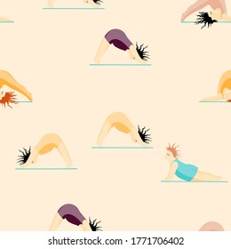Girls Doing Yoga. Seamless Pattern Woman Pose Practicing Yoga. Happy Body Positive Concept. Love My Body. Asana Spiritual. Cartoon Character, Brush Contour. Fat, Overweight, Plus Size, Obese Vector.