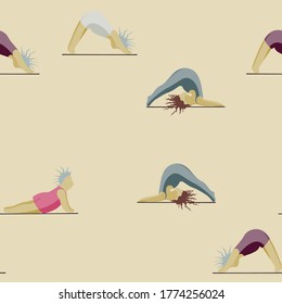 Girls Doing Yoga. Seamless Pattern Woman Pose Practicing Yoga. Happy Body Positive Concept. Love My Body. Asana Spiritual. Cartoon Character, Brush Contour. Fat, Overweight, Plus Size, Obese Vector.