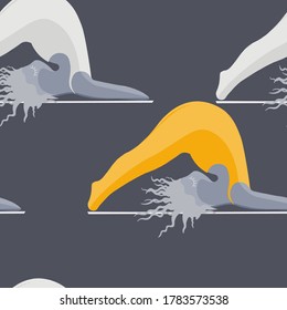 Girls Doing Yoga. Seamless Pattern Woman Pose Practicing Yoga. Happy Body Positive Concept. Love My Body. Asana Spiritual. Cartoon Character, Brush Contour. Fat, Overweight, Plus Size, Obese Vector.