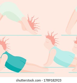 Niñas Haciendo Yoga. Una Mujer De Patrón Sin Maravilla Pone A Practicar Yoga. Feliz Concepto Positivo Del Cuerpo. Amo Mi Cuerpo. Espiritual de Asana. Caricatura, contorno de pincel. Grasa, Sobrepeso, Más Tamaño, Vector Obeso.