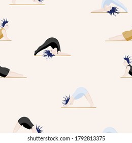 Niñas Haciendo Yoga. Una Mujer De Patrón Sin Maravilla Pone A Practicar Yoga. Feliz Concepto Positivo Del Cuerpo. Amo Mi Cuerpo. Espiritual de Asana. Caricatura, contorno de pincel. Grasa, Sobrepeso, Más Tamaño, Vector Obeso.