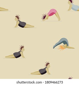 Girls Doing Yoga. Seamless Pattern Woman Pose Practicing Yoga. Happy Body Positive Concept. Love My Body. Asana Spiritual. Cartoon Character, Brush Contour. Fat, Overweight, Plus Size, Obese Vector.