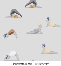 Girls Doing Yoga. Seamless Pattern Woman Pose Practicing Yoga. Happy Body Positive Concept. Love My Body. Asana Spiritual. Cartoon Character, Brush Contour. Fat, Overweight, Plus Size, Obese Vector.