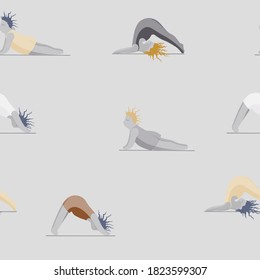 Girls Doing Yoga. Seamless Pattern Woman Pose Practicing Yoga. Happy Body Positive Concept. Love My Body. Asana Spiritual. Cartoon Character, Brush Contour. Fat, Overweight, Plus Size, Obese Vector.