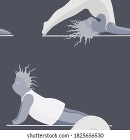 Girls Doing Yoga. Seamless Pattern Woman Pose Practicing Yoga. Happy Body Positive Concept. Love My Body. Asana Spiritual. Cartoon Character, Brush Contour. Fat, Overweight, Plus Size, Obese Vector.