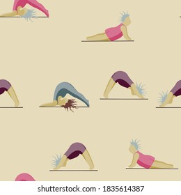 Girls Doing Yoga. Seamless Pattern Woman Pose Practicing Yoga. Happy Body Positive Concept. Love My Body. Asana Spiritual. Cartoon Character, Brush Contour. Fat, Overweight, Plus Size, Obese Vector.