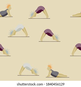 Girls Doing Yoga. Seamless Pattern Woman Pose Practicing Yoga. Happy Body Positive Concept. Love My Body. Asana Spiritual. Cartoon Character, Brush Contour. Fat, Overweight, Plus Size, Obese Vector.