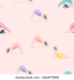 Niñas Haciendo Yoga. Una Mujer De Patrón Sin Maravilla Pone A Practicar Yoga. Feliz Concepto Positivo Del Cuerpo. Amo Mi Cuerpo. Espiritual de Asana. Caricatura, contorno de pincel. Grasa, Sobrepeso, Más Tamaño, Vector Obeso.