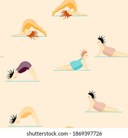 Niñas Haciendo Yoga. Una Mujer De Patrón Sin Maravilla Pone A Practicar Yoga. Feliz Concepto Positivo Del Cuerpo. Amo Mi Cuerpo. Espiritual de Asana. Caricatura, contorno de pincel. Grasa, Sobrepeso, Más Tamaño, Vector Obeso.