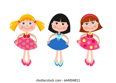 Girls dolls. Set of different vector dolls. Isolated on a white background.