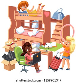 Girls dorm room flat poster. Dormitory interior design with workspace for homework table chair lamp stationery books and bunk bed vector illustration.
