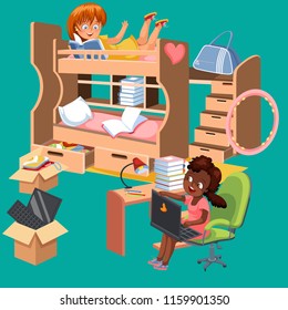 Girls dorm room flat poster. Dormitory interior design with workspace for homework table chair lamp stationery books and bunk bed vector illustration.