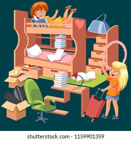 Girls dorm room flat poster. Dormitory interior design with workspace for homework table chair lamp stationery books and bunk bed vector illustration