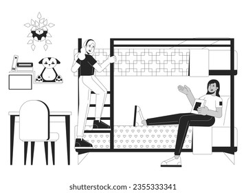 Girls dormitory bw vector spot illustration. Dorm room girls diverse 2D cartoon flat line monochromatic characters for web UI design. Female roommates talking editable isolated outline hero image