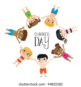 Girls draw on summer day image, Vector Illustration