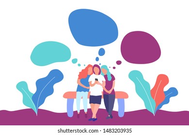 Girls dream about something. A group of friends selects photos on the phone. Vector illustration. Flat abstract style. Creative idea.