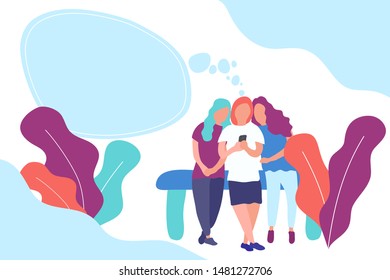 Girls dream of something. A group of friends chooses something on the phone. Vector illustration. Flat abstract style. Creative idea. Elements for web design