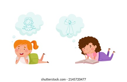Girls with dream wishes in bubbles set. Kids imagination cartoon vector illustration