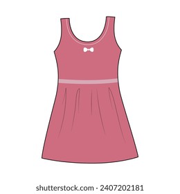 Girls dress with bow flat drawing. Pink dress vector illustration. Children, kids clothes.