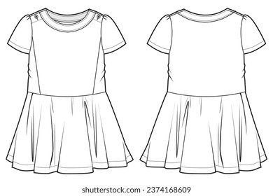 Girl's dress design flat sketch fashion illustration vector template with front and back view,  Toddler baby girl belted waist frock dress cad drawing