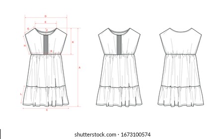 Girl's dress, dropped shoulder, block of pleats at front, high waist seam, flat sketch, front & back views, with measurements