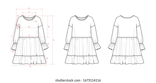 Girl's dress, dropped shoulder, long sleeve, ruffle hem, waist seam, flat sketch, front & back views, with measurements