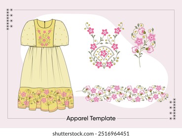 Meninas vestido ilustração com bordado e design de impressão