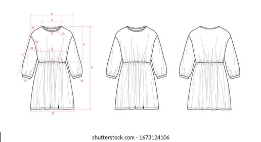 Girl's dress, long sleeve, elastic band in waist seam, flat sketch, front & back views, with measurements