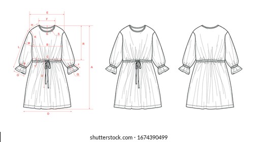 Girl's Dress, Long Sleeve, Ruffle Hem, With Elastic Band In Sleeve Wrist And Waist, Waist String, Flat Sketch, Front And Back Views, With Measurements 