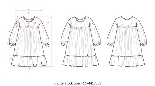Girl's dress, loose fit, long sleeve, elastic cuff, chest seam, ruffle hem, flat sketch, front and back views, with measurements