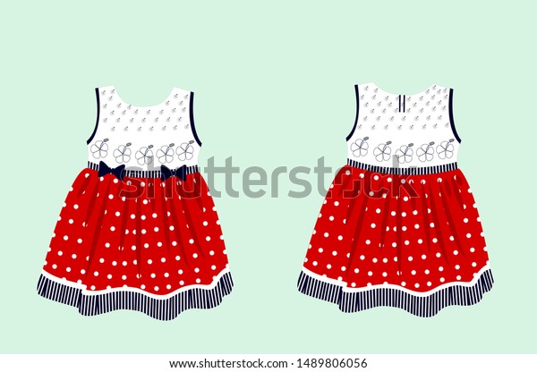 Girl's dress with red skirt polka dot design and flower outline pattern, for textile and paper print. Vector art image illustration, isolated on background.