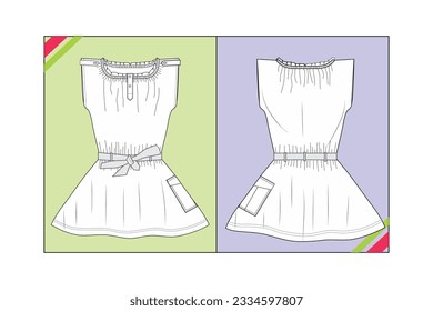 GIRLS DRESS SLEEVELESS WITH WAIST KNOT FASHION CAD PATTERN TEMPLATE TECHNICAL DRAWING ILLUSTRATION