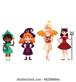 Girls dressed in costumes for Halloween, cartoon style vector illustration isolated on white background. Witch angel demon leprechaun fancy dresses for Halloween carnival. Trick or treat tradition