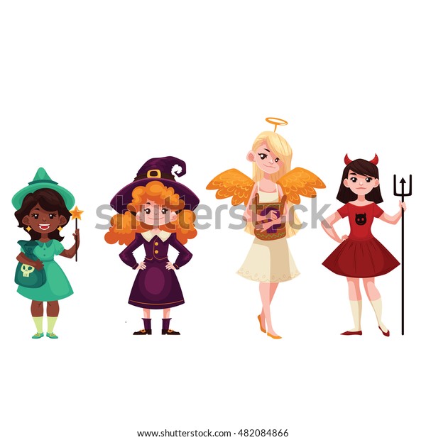 Girls Dressed Costumes Halloween Cartoon Style Stock Vector (Royalty ...