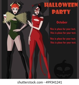 Girls dressed as monsters with pumpkin. Invitation card template