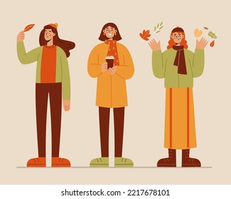 The girls are dressed in warm clothes. They is holding autumn leaves in hand and drinks cup of coffee or tea.  Seasonal concept. Flat vector autumn illustration.
