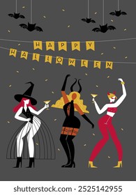 Girls dressed as witches, devils and demons dance at a party. Vector greeting card invitation to halloween party.