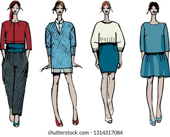 Fashion Sketch Drawing Girls Beautiful Looks Stock Vector (Royalty Free ...