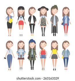 Girls dresses for different situations. Vector set.
