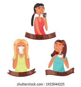 Girls drink from coffee mugs. Happy people drink caffeine. Morning invigorating coffee. Vector illustration