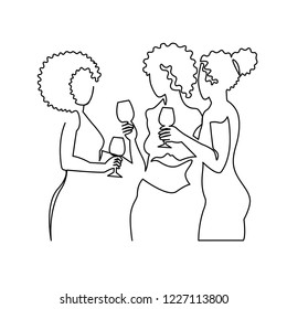 Girls drinking alcohol continuous one line vector drawing. Hand drawn girlfriends with curly hair. Happy African Women hold wine glasses. Girl cocktail party. Minimalistic contour illustration