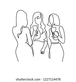 Girls drinking alcohol continuous one line vector drawing. Hand drawn glamour girlfriends. Young women holding wine glasses. Girl cocktail party. Holiday celebration. Minimalistic contour illustration